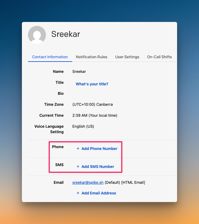 Option to add separate phone numbers for call and SMS (PagerDuty)