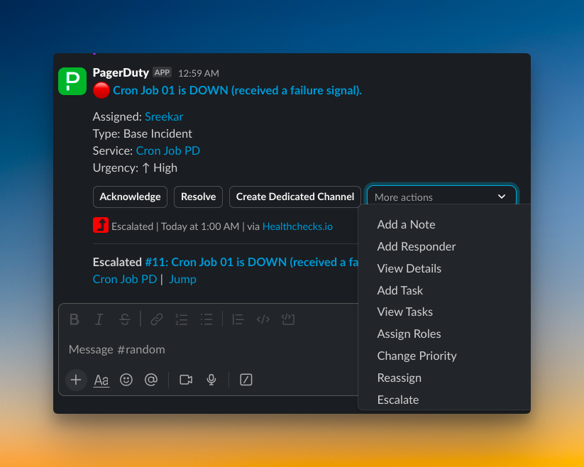 PagerDuty's Slack alert with options to take multiple actions