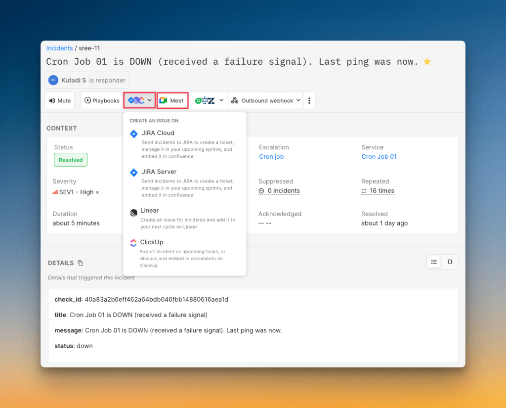 One-click ticket creation and war room spin up on Spike's dashboard