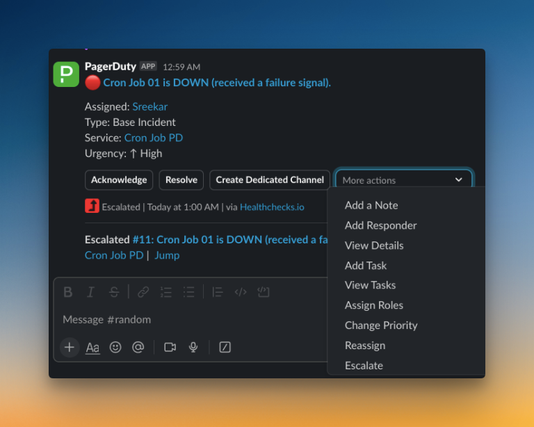 Initial response actions on Slack (PagerDuty)