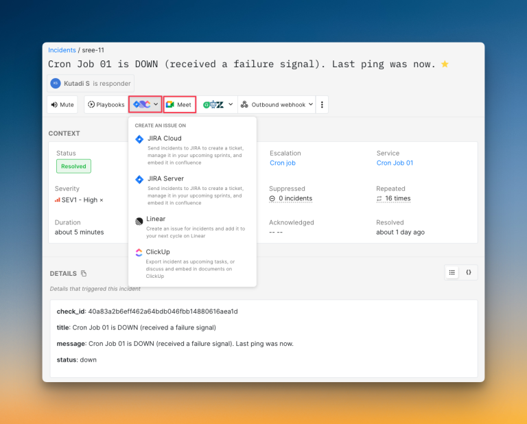 One-click ticket creation and war room spin up on Spike’s dashboard